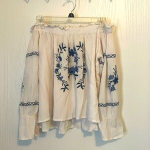 White and Blue Long Sleeve American Eagle Off the Shoulder Top